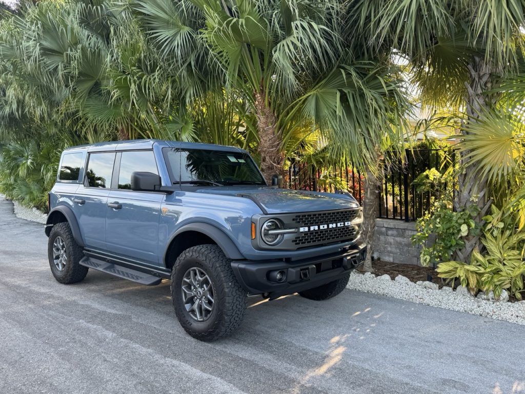 Blue Jeep Bronco in front of palm trees